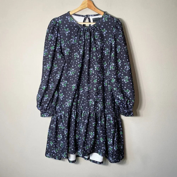 ASOS Women's Sz 10 Tall Balloon Sleeve Floral Print Ruffle Shift Mini Dress Navy - Picture 4 of 16